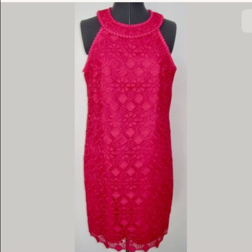 NEW TRINA TURK HOT PINK FUCHSIA FLORAL LACE SHIFT DRESS HALTER MEDIUM M NWT